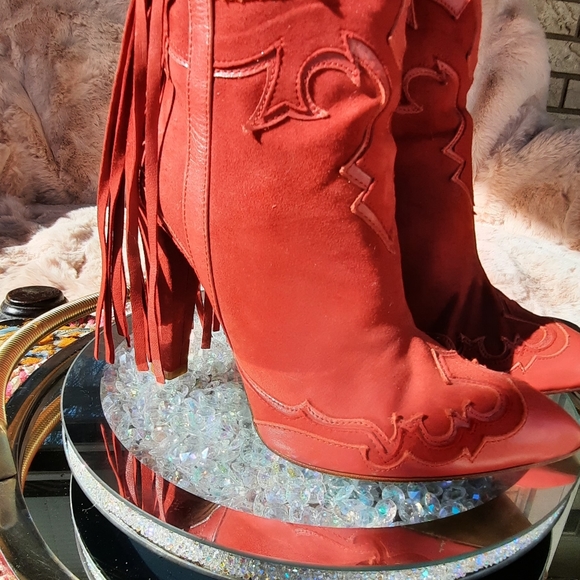 ZARA red suede fringe chain western bootie - Picture 6 of 10